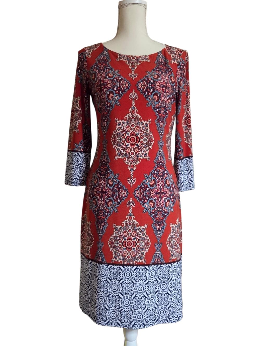Red Medallion Dress with Blue Accent Hem and Cuffs